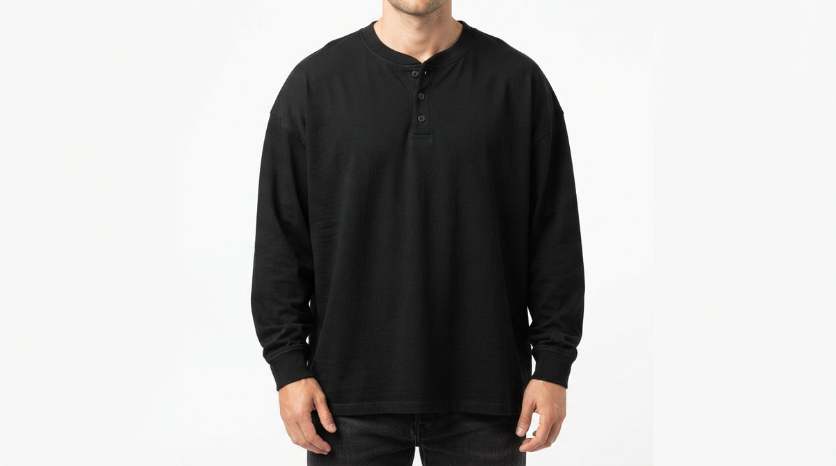 Black Full Sleeve Waffle Knit Henley