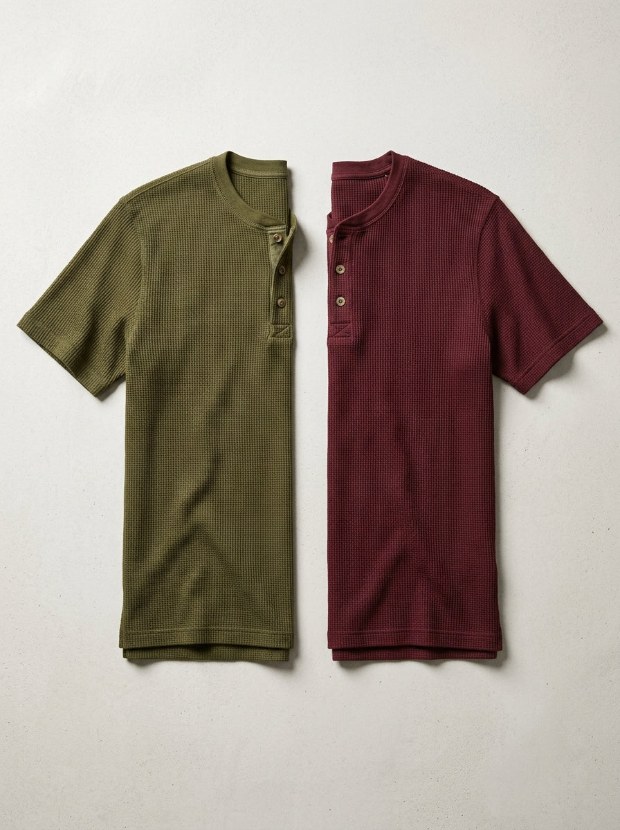 Maroon & Olive Green Half Sleeve Waffle Knit Henley – 2 Piece Bundle