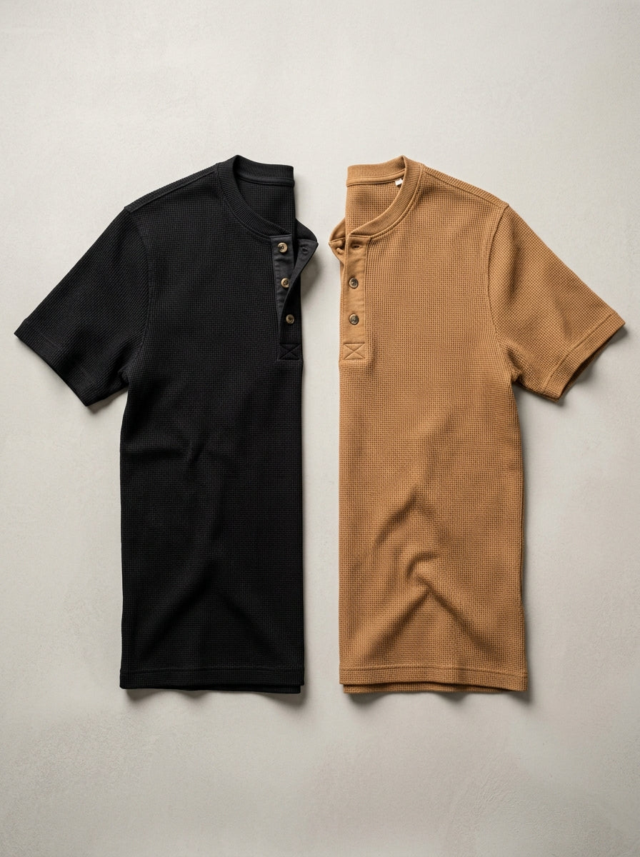 Black & Camel Half Sleeve Waffle Knit Henley – 2 Piece Bundle