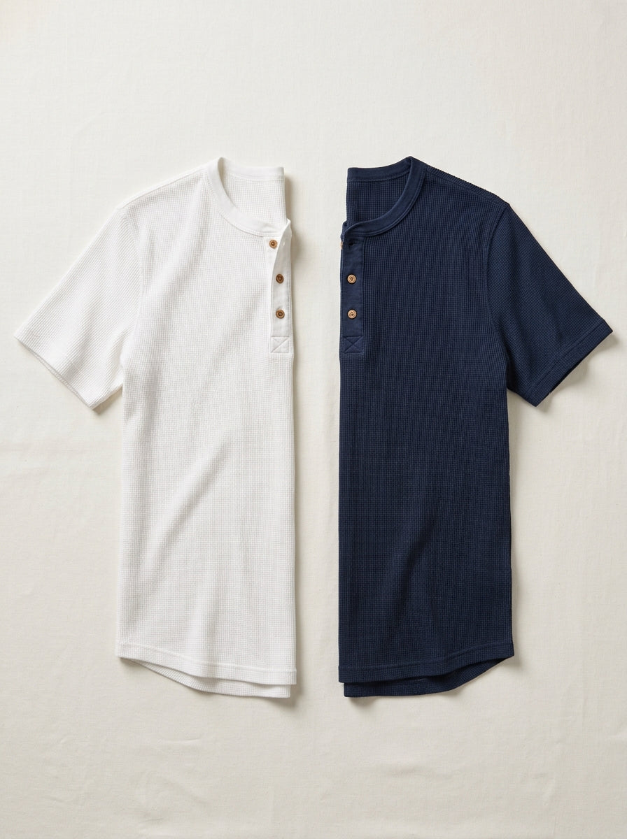 White & Navy Blue Half Sleeve Waffle Knit Henley – 2 Piece Bundle